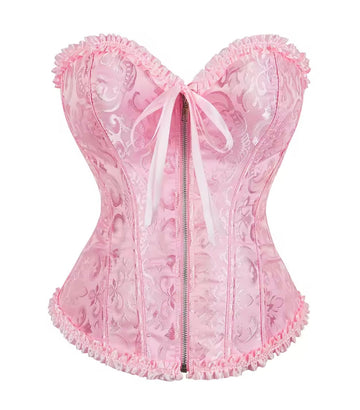 Zip Front Brocade Corset (Pink)
