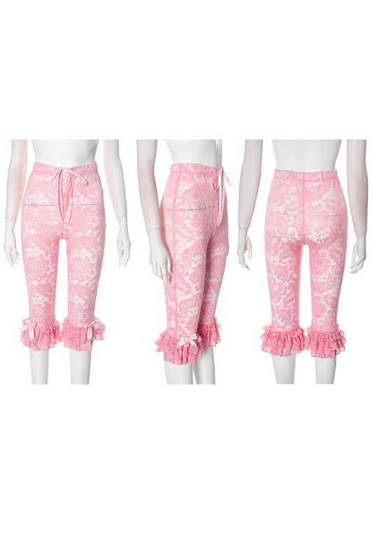 Stretch Sheer Lace Ruffled Capri