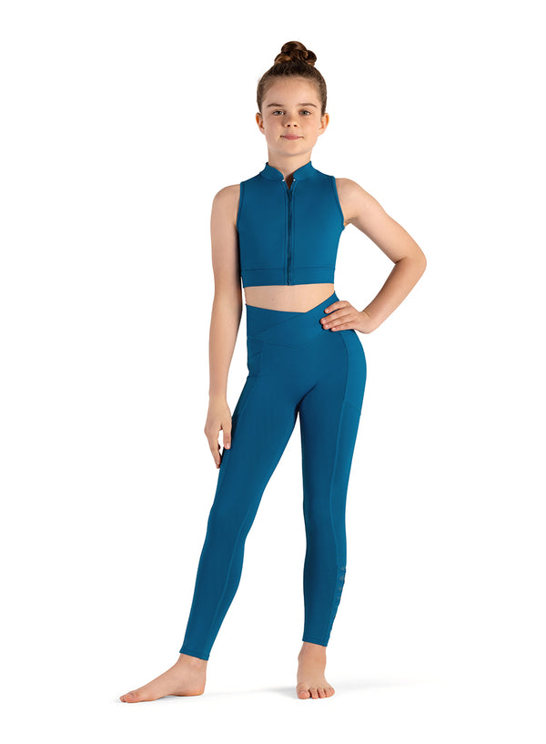 Girls Zip Front Mock Neck Weave Back Crop Top CZ8465 (Peacock)