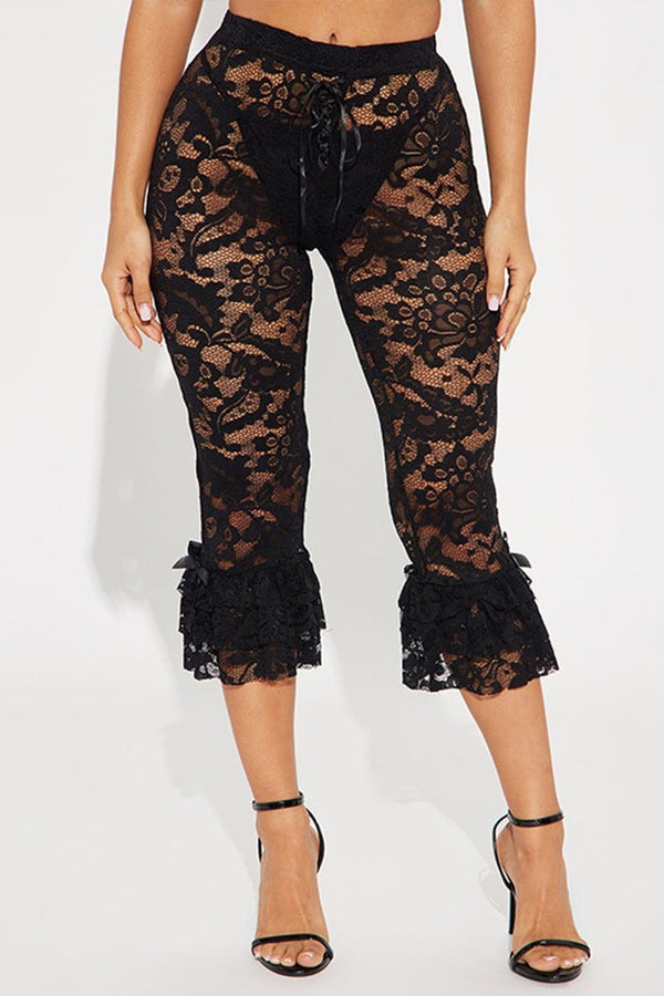 Stretch Sheer Lace Ruffled Capri