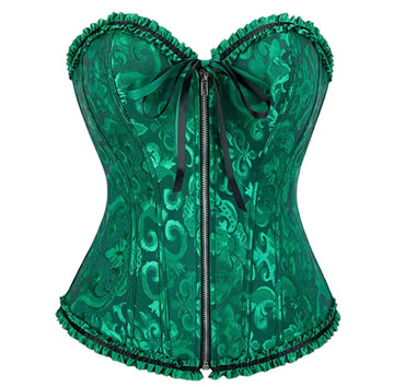 Elegant Brocade Zip Front Corset (Green)