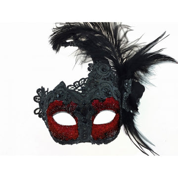 Venetian Lace Mask with Feathers (Red)