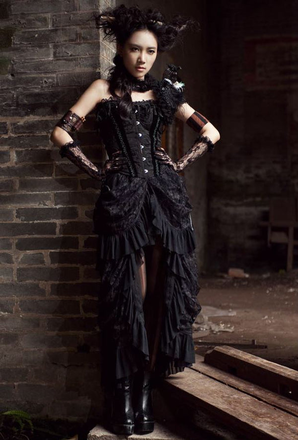 Deluxe Lace Organza High Low Skirt (Black)