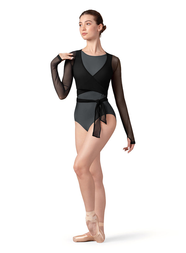 Ladies Sheer Overlay Wrap Top Z8459 (Black)