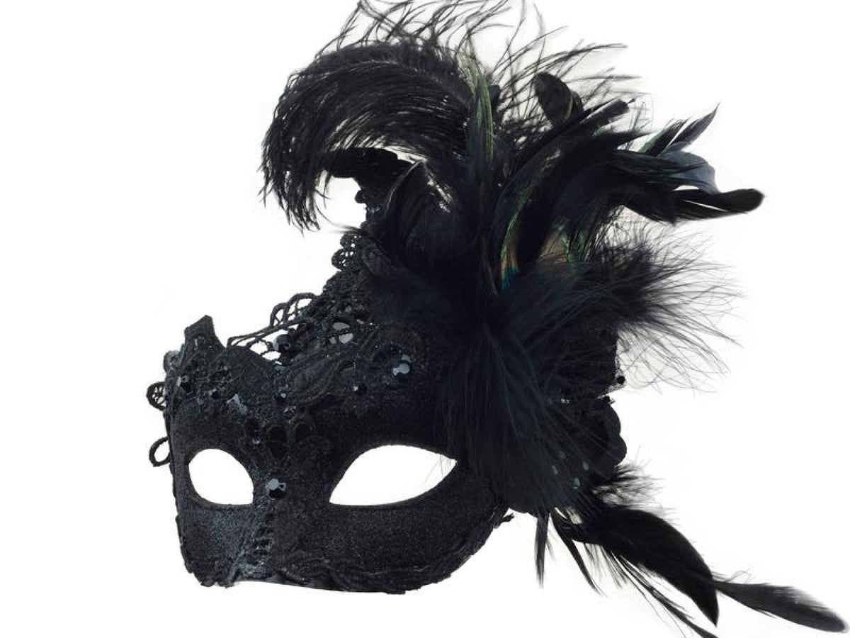 Venetian Lace Mask with Feathers (Black) | A Chorus Line