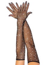 Rhinestone Opera Length Fishnet Gloves