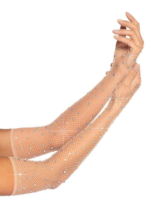 Rhinestone Opera Length Fishnet Gloves