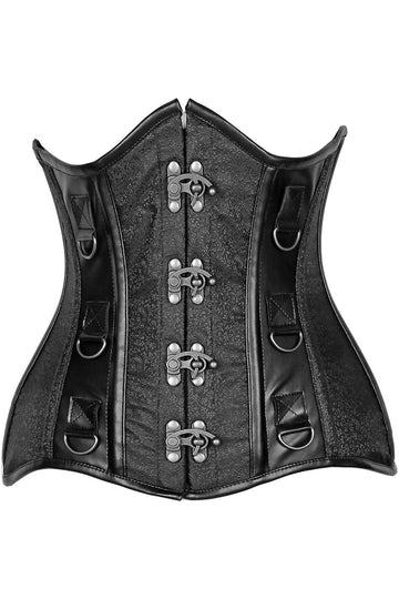Brocade and Faux Leather Underbust Corset (Black)