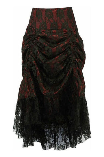 Lace Overlay Ruched Bustle Skirt (Red/Black)
