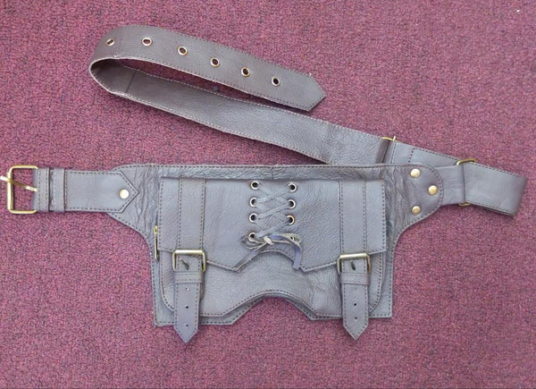 Leather Lace-Up Pocket 2 Buckle Belt