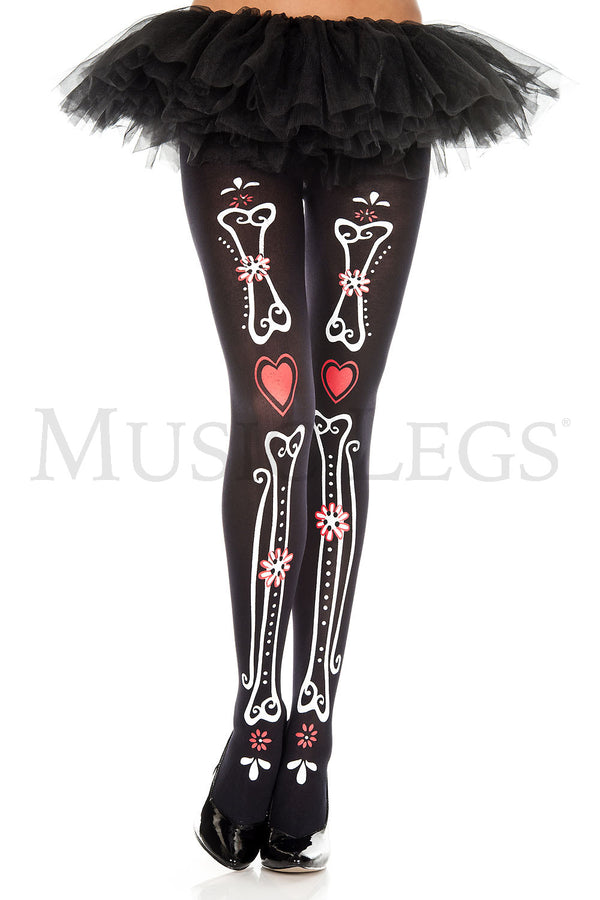 Bone and Heart Print Tights